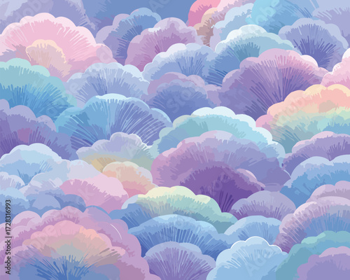 幻想的なパステルカラーの雲が重なり合う、夢のような風景のベクターイラスト。