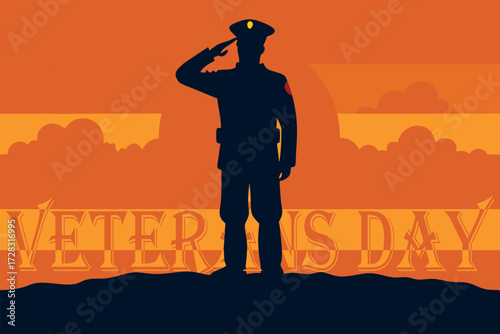 Soldier Saluting Sunset _  Silhouette of a soldier saluting with a sunset gradient background, space below for “Veterans Day” text.