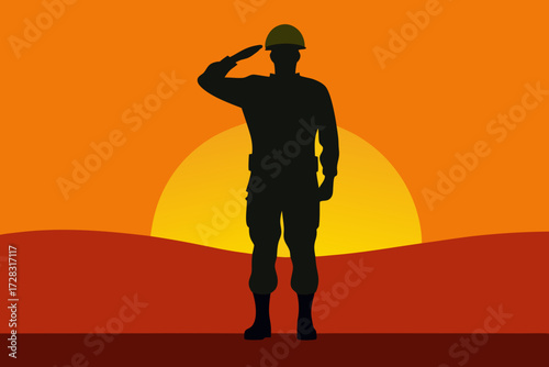 Soldier Saluting Sunset _  Silhouette of a soldier saluting with a sunset gradient background