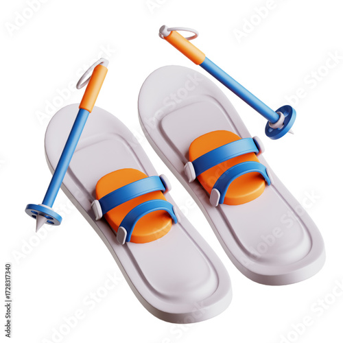Cartoon snowshoes and ski poles with orange and blue accents.