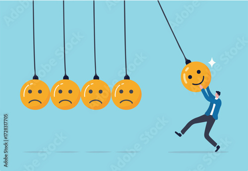 Optimistic, happiness or positive thinking inspire other people happy, emotional intelligence or balance between happiness and sadness, man holding smile face pendulum ball to hit other sad faces.