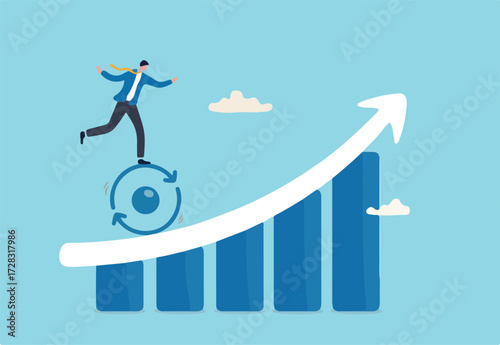 Continuous improvement, development cycle to improve quality, business strategy to grow and success, growth development concept, businessman riding improvement cycle uphill on growth business graph