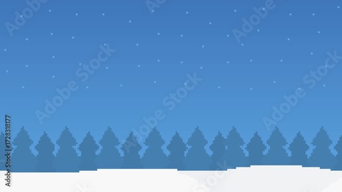8-bit pixel art blue winter night sky with a bright starlight and a christmas background full of trees. looped animation 4k 30fps
