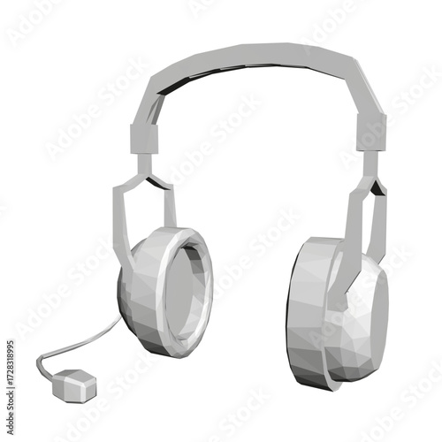 White lowpoly headphones with polygonal design feature a sleek wire and modern aesthetic on a clean white background.