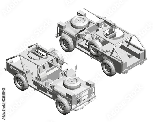 Polygonal military vehicles in animated motion feature mounted guns and detailed machinery. The 3D models are isolated on a clean white background.