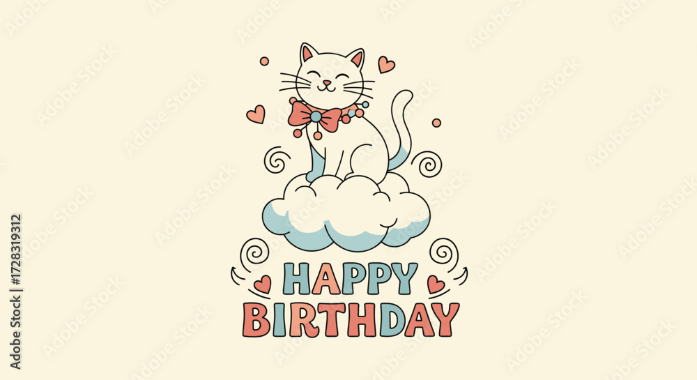 Fototapeta premium A cute cartoon cat celebrating its birthday on a fluffy cloud.