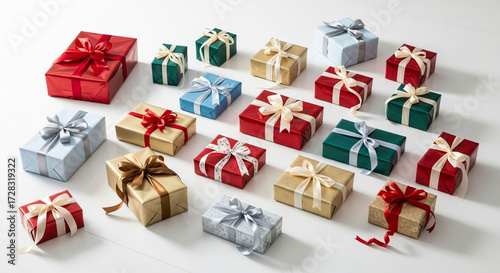 Overhead shot of many colorful gift boxes with ribbons isolated on white background, creating a festive and celebratory atmosphere for any occasion