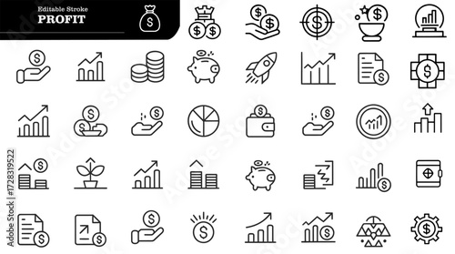 Profit line icon set. Money income, money savings, earnings, money, cash, investment, financial growth and more. Outline vector icon in linear style. Pictogram collection