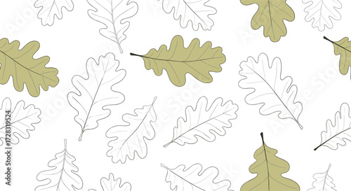 A repeating pattern of oak leaves in muted green and outline grey on a white background.
