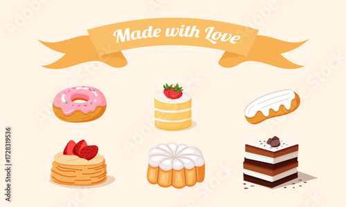 Vector bakery desserts set with cakes and donuts
