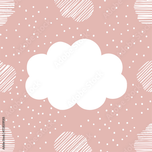 柔らかなピンク色の背景に描かれた、抽象的な雲の形と白い点々が可愛らしいベクターデザイン