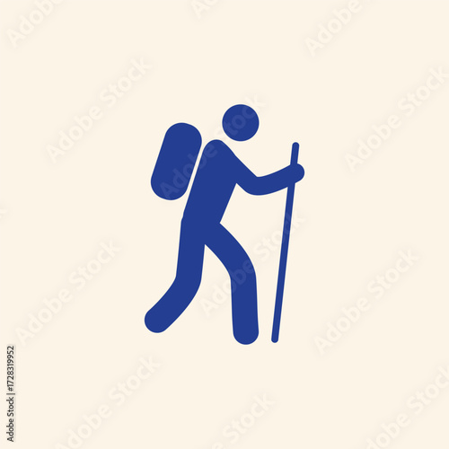 Dynamic hiker icon with backpack and trekking pole captures adventure and exploration spirit for travel and outdoor themes