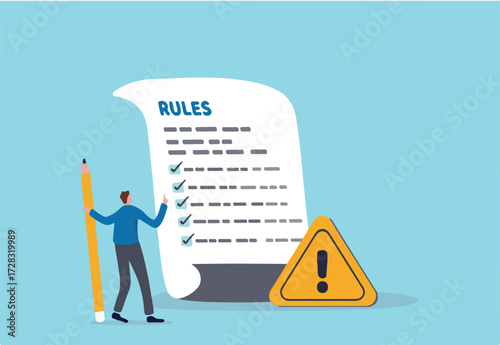 Rules and regulations, policy and guideline for employee to follow, legal term, corporate compliance or laws, standard procedure concept, businessman finish writing rules and regulations document