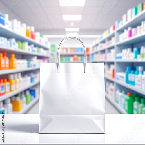 White paper shopping bag sits on counter, pharmacy shelves blurred in background