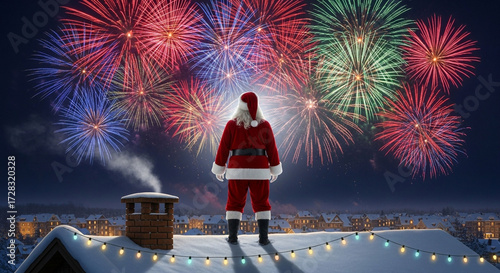 Santa claus standing on a snowy rooftop watching colorful fireworks light up the night sky, celebrating christmas and the new year with festive cheer