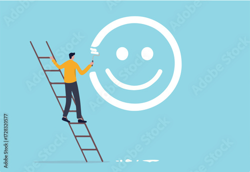Happiness and positive thinking, optimism or motivation to live happy life concept, happy boy climb up ladder to paint smile face on the wall.
