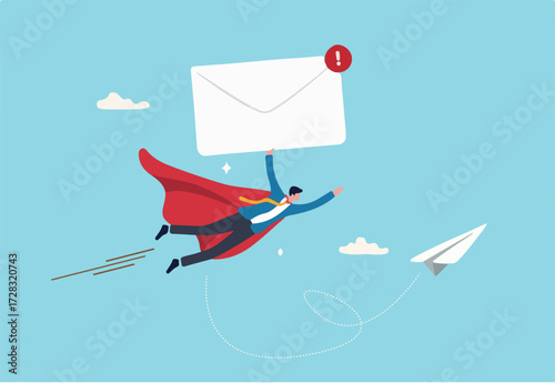Sending email to communicate with client or customer, subscription newsletter automation, online advertising or mailing list service concept, professional businessman hero deliver big email envelope
