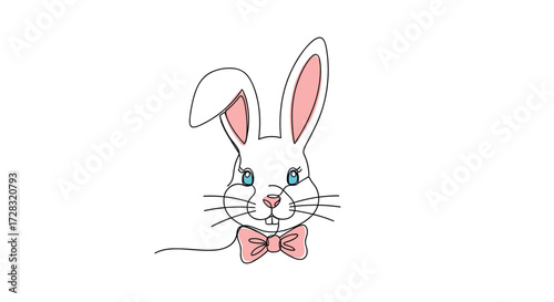 An adorable white bunny wearing a pink bow tie with blue eyes and long ears is looking forward.
