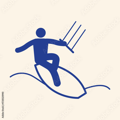 Dynamic blue figure rides wave on surfboard with kite lines, embodying extreme water sports adventure and freedom.
