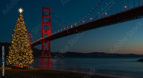 San Francisco Golden Gate Christmas, bridge towers glowing with red and green lights