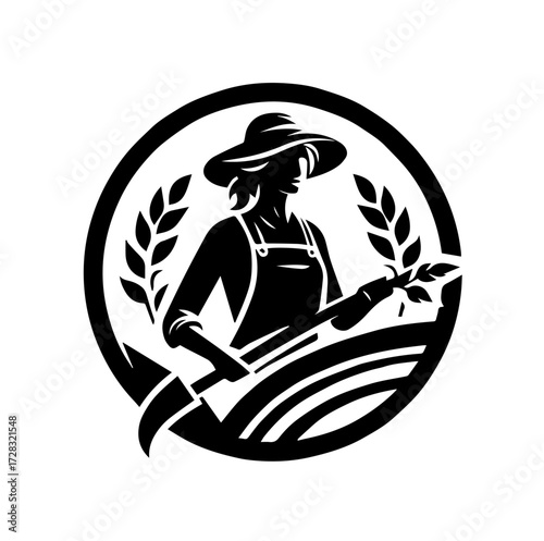 Silhouette of a female farmer with a scythe, harvesting crops in a field.
