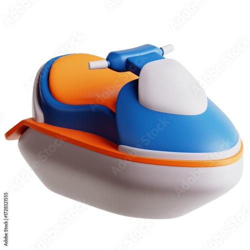 A 3D render of a colorful jet ski with orange, blue, and white accents, isolated on a white background.