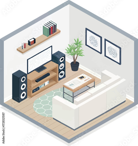 Isometric Living Room Interior with Home Theater and Sofa