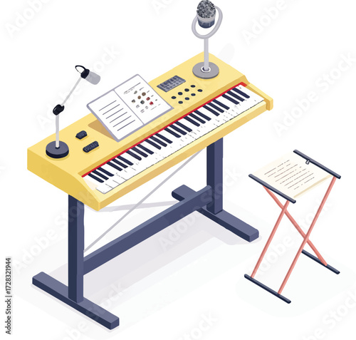 Isometric Digital Piano with Microphones and Music Stand Illustration