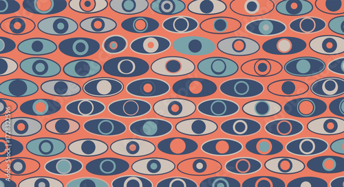 A repeating pattern of stylized eyes in shades of blue and white on a peach background.