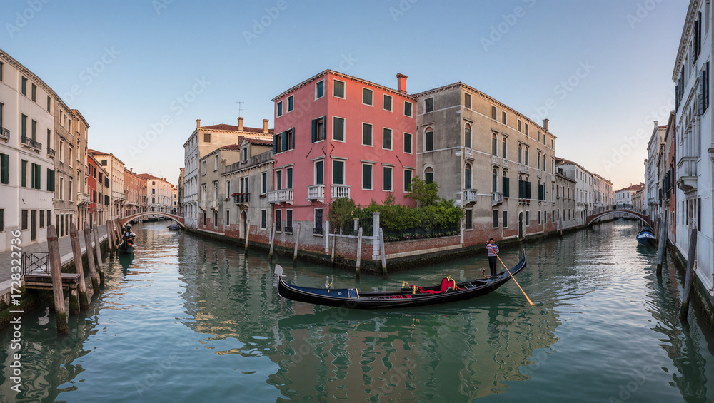 Obraz premium Tranquil Morning Light Captures Venetian Canal with Gondola Passage Scenery
