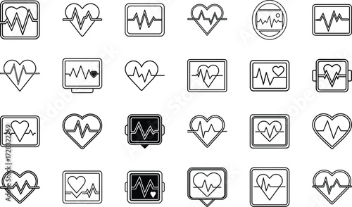 Medical Healthcare Icons Set – Hospital, Emergency, Doctor, Ambulance, First Aid Kit, Stethoscope, Syringe, Thermometer, Vaccine, Heartbeat, and Medical Cross Line Icons on White Background for Health