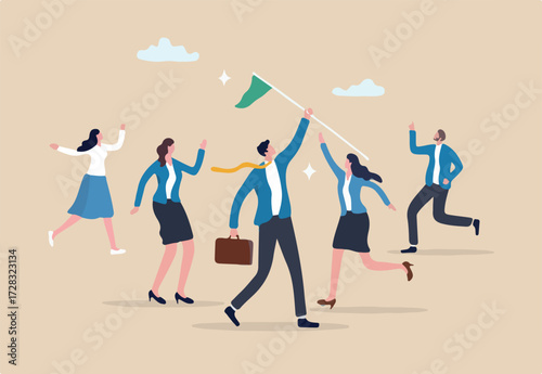 Leadership team leader to lead team to success, company ceo win business competition together, management or professional to reach goal or achievement, businessman leader hold winning flag with team.