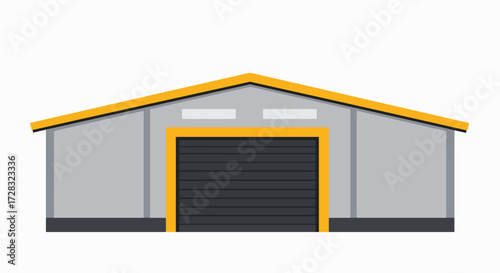 Modern Flat Design Warehouse Illustration with Yellow Roof Trim and Roller Shutter Door
