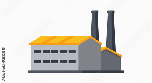 Clean Industrial Manufacturing Plant Icon in Flat Design Style, Featuring Twin Smokestacks and Yellow Roof on White Background