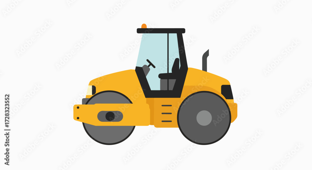Fototapeta premium Bright Yellow Road Roller Compactor: Essential Heavy Machinery Flat Design Illustration for Construction Projects