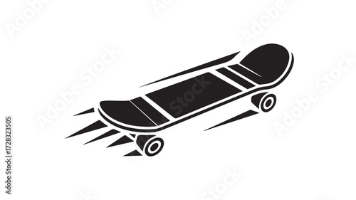 Dynamic black and white skateboard carving through the air with speed lines suggesting thrilling motion and extreme sports action