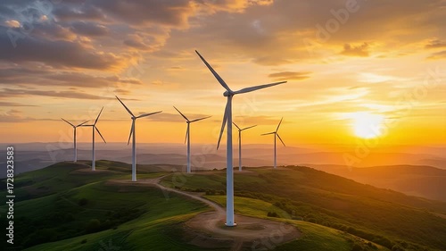 Wind turbines on green hills under a dramatic orange and yellow sunset sky