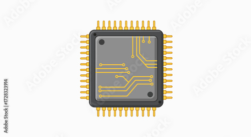 Illustration of a computer chip with golden pins on a white background.