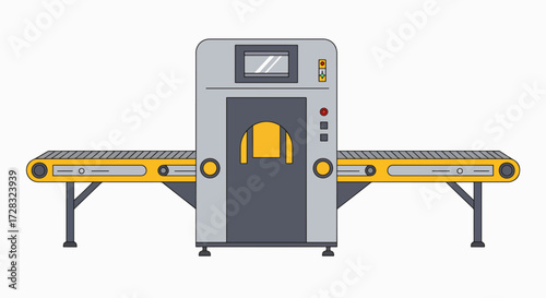 Vector illustration of an airport security baggage scanner with an empty conveyor belt system.