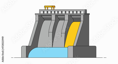 Stylized illustration of a large concrete dam with water flowing through its spillways, depicting hydroelectric power generation.