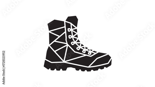 Bold black silhouette of a rugged hiking boot with geometric detailing and laces, perfect for outdoor adventure and rugged lifestyle branding.