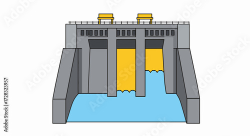 Illustration of a concrete dam with water flowing through the gates, generating power.
