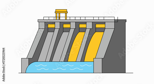 Illustration of a dam with water flowing through its gates into a river.