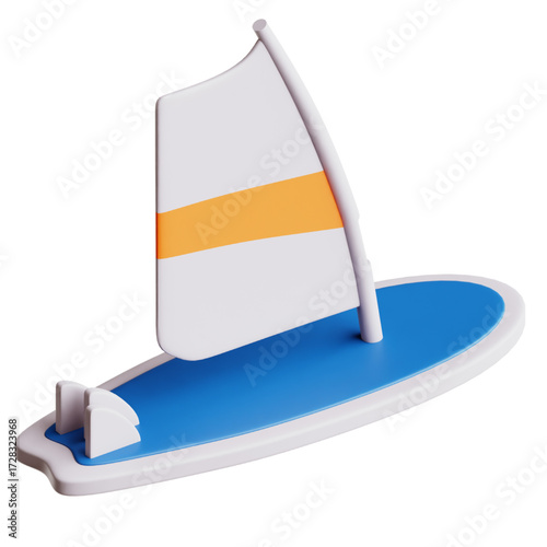 A 3D rendering of a blue and white windsurf board with a sail.