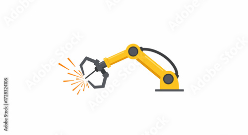 Yellow industrial robotic arm with a claw gripper creating sparks, symbolizing automated manufacturing and technology.