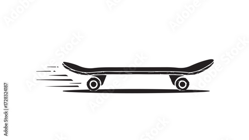 Dynamic black and white silhouette of a skateboard in motion, conveying speed and urban adventure with a sense of freedom and excitement, perfect for action sports branding.