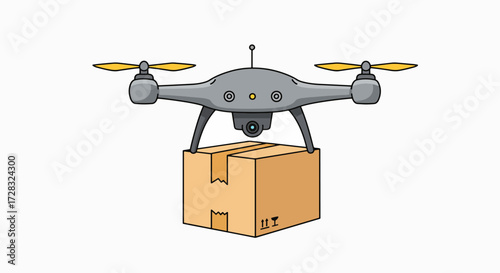A modern gray drone with four propellers is delivering a cardboard package suspended beneath it.