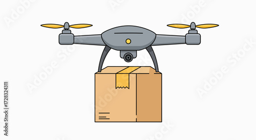 Illustration of a grey delivery drone carrying a cardboard package through the air.