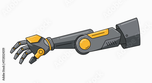 Detailed illustration of a futuristic bionic robotic arm with a hand, featuring grey and yellow accents, symbolizing advanced technology and prosthetics.