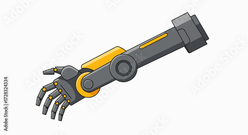 Illustration of a robotic arm with a hand, in gray and yellow.